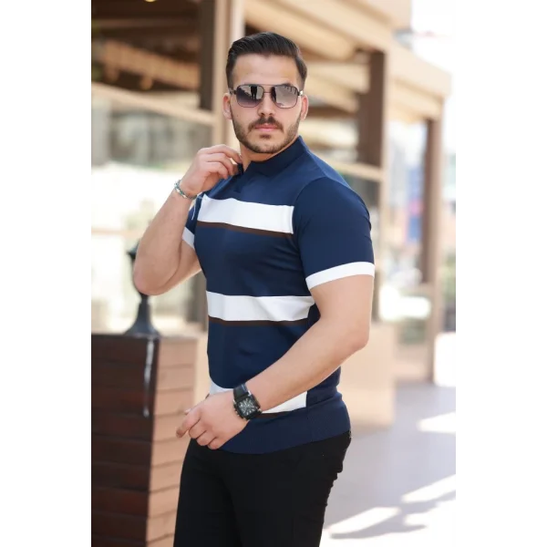 Erkek şerit Desenli Hemşire Yaka Kısa Kollu Tişört