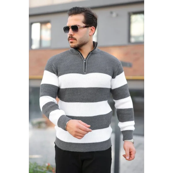 Erkek Şerit Renk Desenli Zip Yaka Kazak