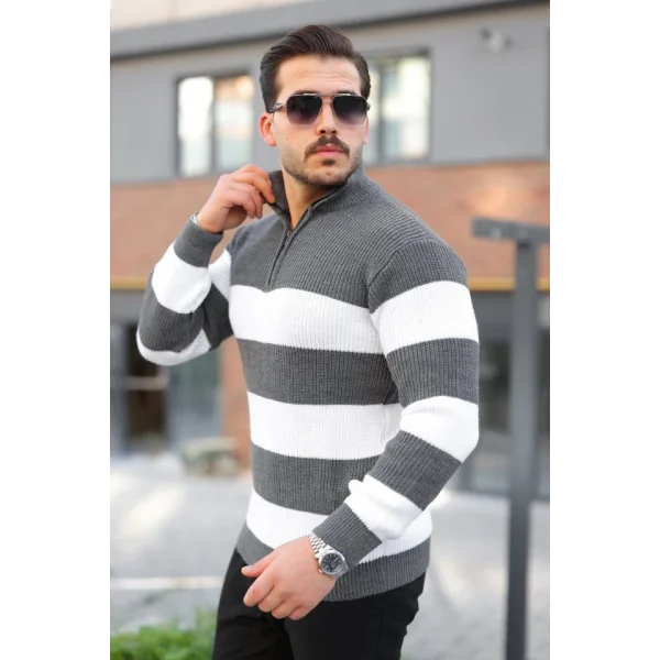 Erkek Şerit Renk Desenli Zip Yaka Kazak