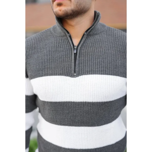 Erkek Şerit Renk Desenli Zip Yaka Kazak