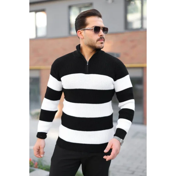 Erkek Şerit Renk Desenli Zip Yaka Kazak