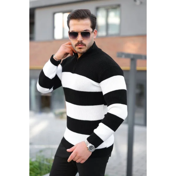 Erkek Şerit Renk Desenli Zip Yaka Kazak