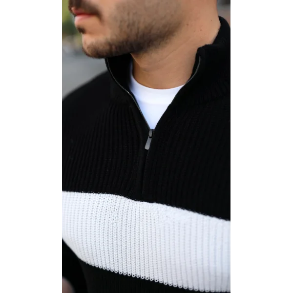 Erkek Şerit Renk Desenli Zip Yaka Kazak