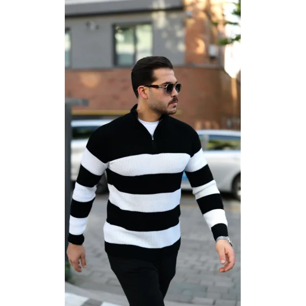 Erkek Şerit Renk Desenli Zip Yaka Kazak