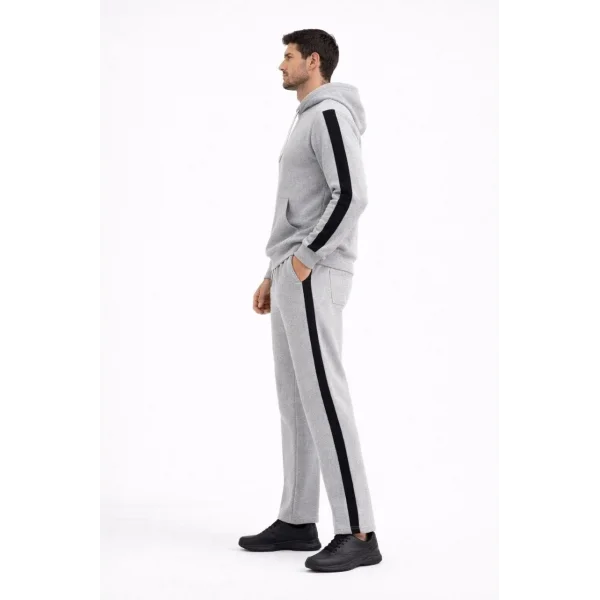 Erkek Şeritli Eşofman Takım Kapüşonlu Sweatshirt Boru Paça Alt, Oversize 3 iplik Pamuklu - Gri