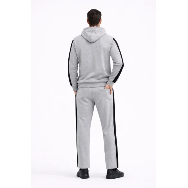 Erkek Şeritli Eşofman Takım Kapüşonlu Sweatshirt Boru Paça Alt, Oversize 3 iplik Pamuklu - Gri