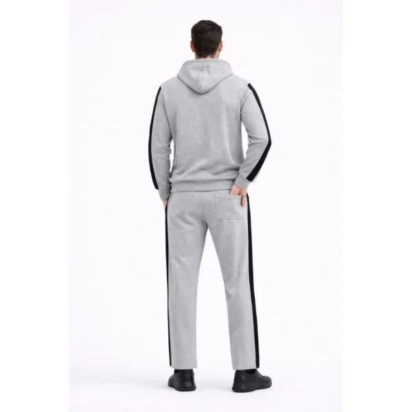 Erkek Şeritli Eşofman Takım Kapüşonlu Sweatshirt Boru Paça Alt, Oversize 3 Iplik Pamuklu - Gri