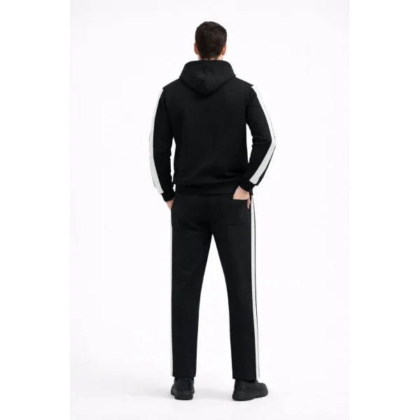 Erkek Şeritli Eşofman Takım Kapüşonlu Sweatshirt Boru Paça Alt, Oversize 3 iplik Pamuklu - Siyah