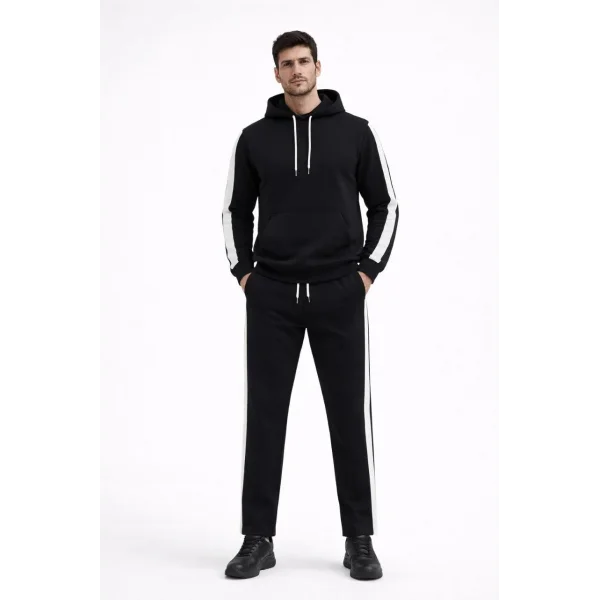Erkek Şeritli Eşofman Takım Kapüşonlu Sweatshirt Boru Paça Alt, Oversize 3 iplik Pamuklu - Siyah