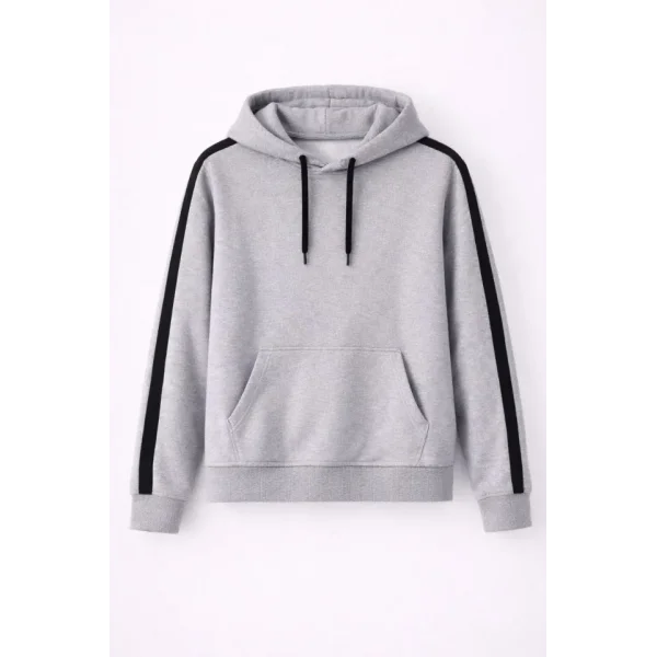 Erkek Şeritli Kapüşonlu Sweatshirt Oversize 3 Iplik Pamuklu - Gri
