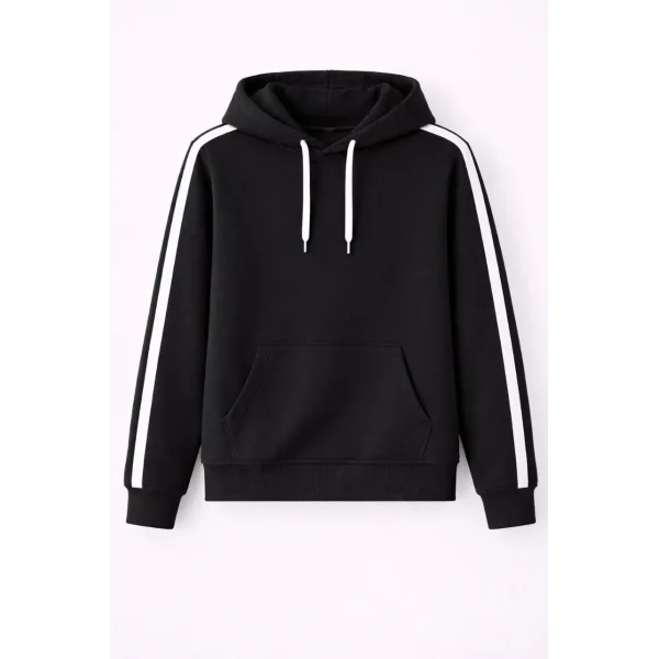 Erkek Şeritli Kapüşonlu Sweatshirt Oversize 3 iplik Pamuklu - Siyah