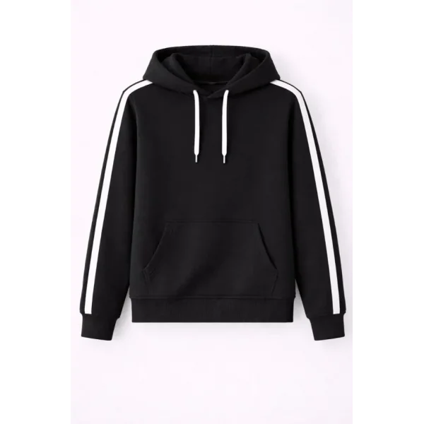 Erkek Şeritli Kapüşonlu Sweatshirt Oversize 3 Iplik Pamuklu - Siyah