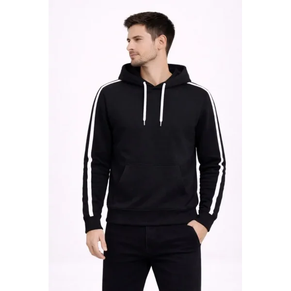Erkek Şeritli Kapüşonlu Sweatshirt Oversize 3 Iplik Pamuklu - Siyah