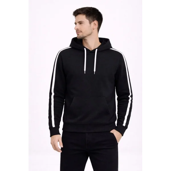 Erkek Şeritli Kapüşonlu Sweatshirt Oversize 3 iplik Pamuklu - Siyah