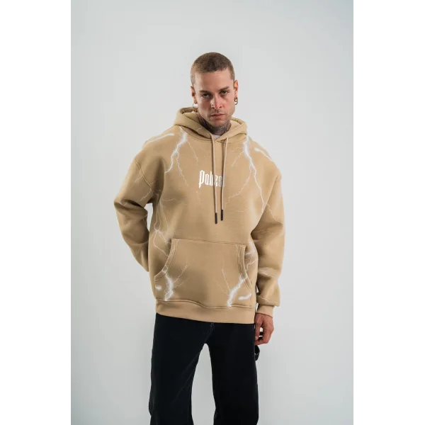 Erkek Şimşek Baskılı Kapşonlu Sweatshirt Üç İplik Pamuklu Kanguru Cepli Double Oversize Hoodie - Bej