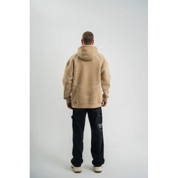 Erkek Şimşek Baskılı Kapşonlu Sweatshirt Üç İplik Pamuklu Kanguru Cepli Double Oversize Hoodie - Bej