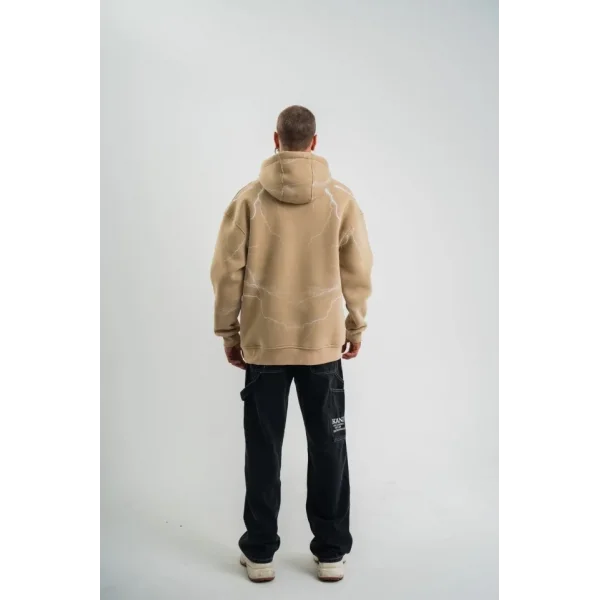 Erkek Şimşek Baskılı Kapşonlu Sweatshirt Üç İplik Pamuklu Kanguru Cepli Double Oversize Hoodie - Bej