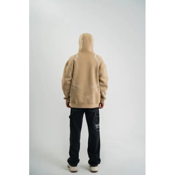 Erkek Şimşek Baskılı Kapşonlu Sweatshirt Üç İplik Pamuklu Kanguru Cepli Double Oversize Hoodie - Bej