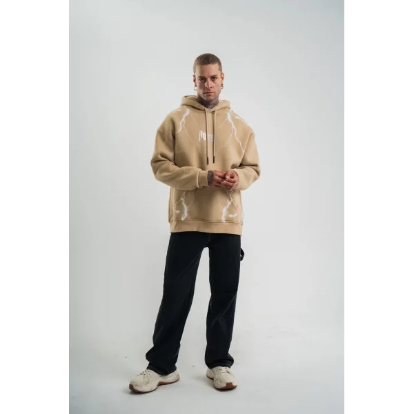 Erkek Şimşek Baskılı Kapşonlu Sweatshirt Üç İplik Pamuklu Kanguru Cepli Double Oversize Hoodie - Bej