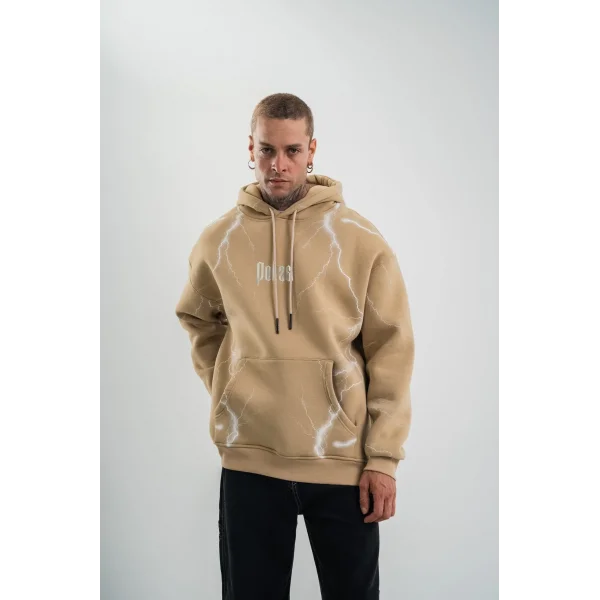 Erkek Şimşek Baskılı Kapşonlu Sweatshirt Üç İplik Pamuklu Kanguru Cepli Double Oversize Hoodie - Bej