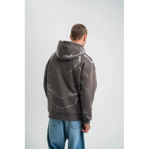 Erkek Şimşek Baskılı Kapşonlu Sweatshirt Üç İplik Pamuklu Kanguru Cepli Double Oversize Hoodie - Füme