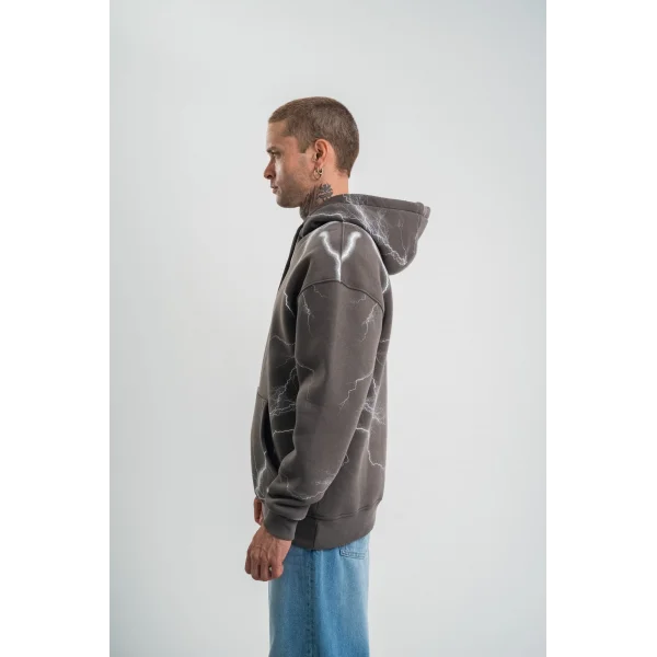 Erkek Şimşek Baskılı Kapşonlu Sweatshirt Üç İplik Pamuklu Kanguru Cepli Double Oversize Hoodie - Füme