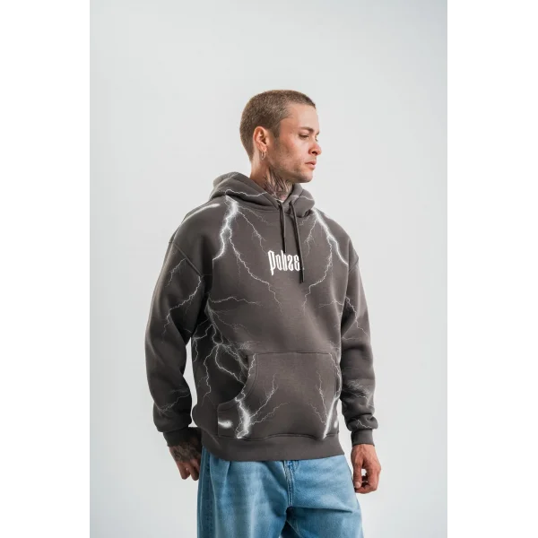 Erkek Şimşek Baskılı Kapşonlu Sweatshirt Üç İplik Pamuklu Kanguru Cepli Double Oversize Hoodie - Füme
