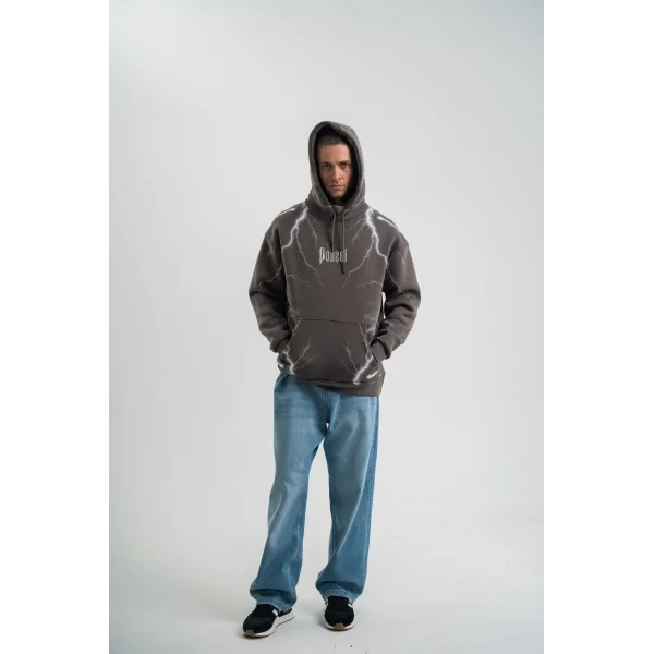 Erkek Şimşek Baskılı Kapşonlu Sweatshirt Üç İplik Pamuklu Kanguru Cepli Double Oversize Hoodie - Füme