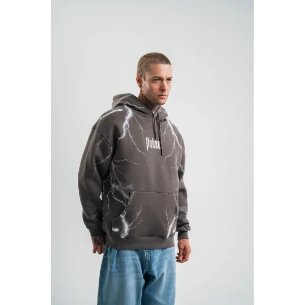 Erkek Şimşek Baskılı Kapşonlu Sweatshirt Üç İplik Pamuklu Kanguru Cepli Double Oversize Hoodie - Füme