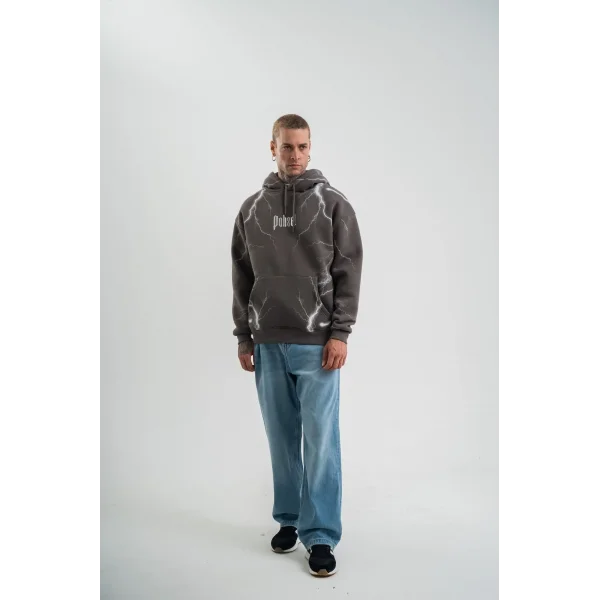 Erkek Şimşek Baskılı Kapşonlu Sweatshirt Üç İplik Pamuklu Kanguru Cepli Double Oversize Hoodie - Füme