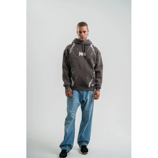 Erkek Şimşek Baskılı Kapşonlu Sweatshirt Üç İplik Pamuklu Kanguru Cepli Double Oversize Hoodie - Füme