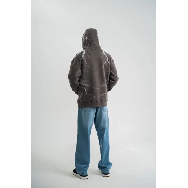 Erkek Şimşek Baskılı Kapşonlu Sweatshirt Üç İplik Pamuklu Kanguru Cepli Double Oversize Hoodie - Füme