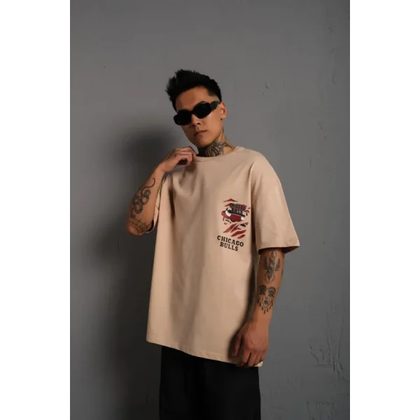 Erkek Sırt Baskılı A Kalite Oversize T-shirt - Bej
