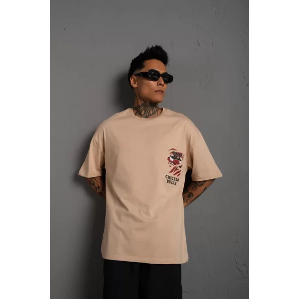 Erkek Sırt Baskılı A Kalite Oversize T-shirt - Bej