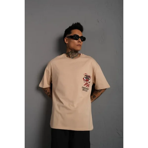 Erkek Sırt Baskılı A Kalite Oversize T-shirt - Bej