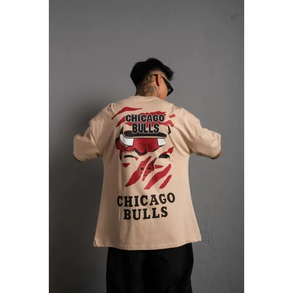 Erkek Sırt Baskılı A Kalite Oversize T-shirt - Bej
