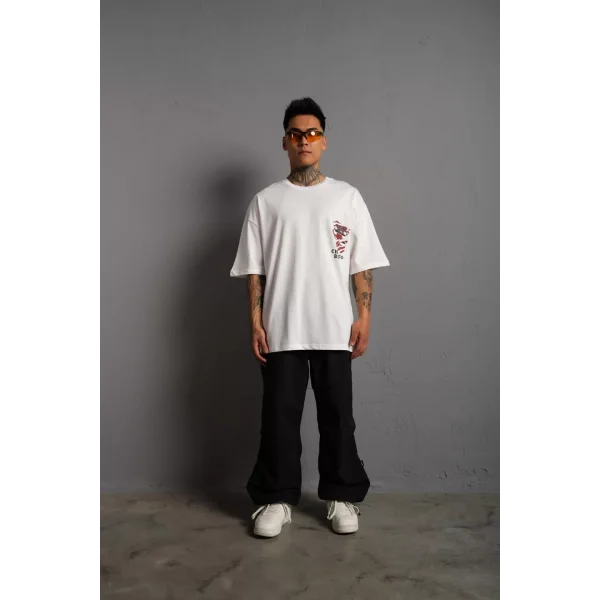 Erkek Sırt Baskılı A Kalite Oversize T-shirt - Beyaz