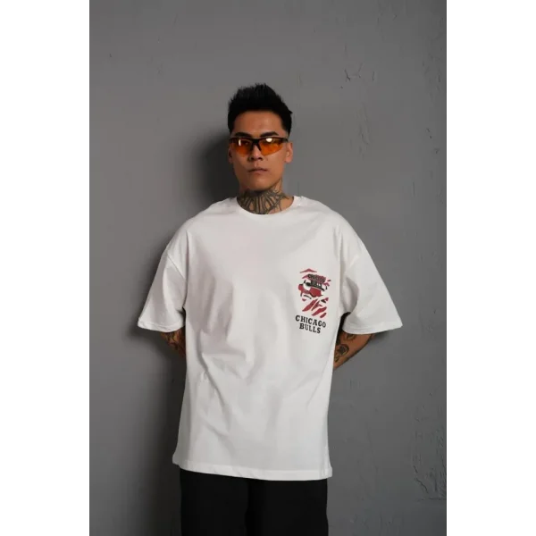 Erkek Sırt Baskılı A Kalite Oversize T-shirt - Beyaz