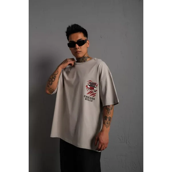 Erkek Sırt Baskılı A Kalite Oversize T-shirt - Gri