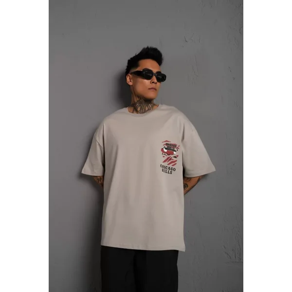 Erkek Sırt Baskılı A Kalite Oversize T-shirt - Gri