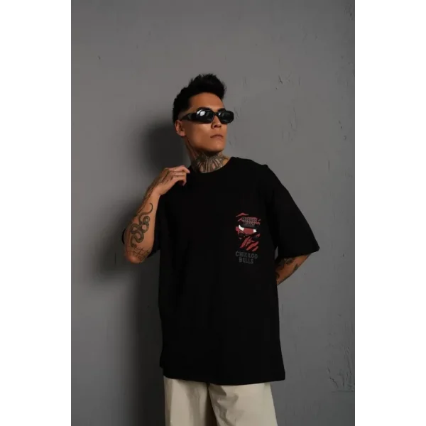 Erkek Sırt Baskılı A Kalite Oversize T-shirt - Siyah