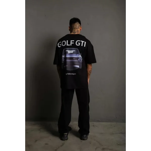 Erkek Sırt Baskılı Bisiklet Yakalı Oversize T-Shirt - Siyah