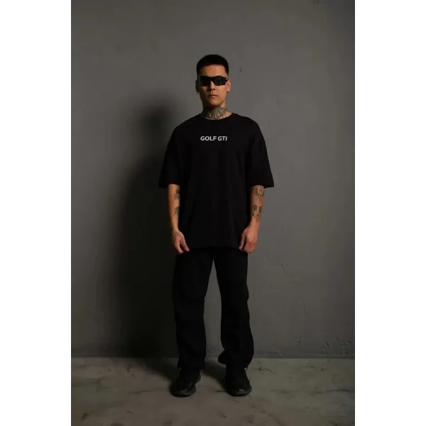 Erkek Sırt Baskılı Bisiklet Yakalı Oversize T-Shirt - Siyah