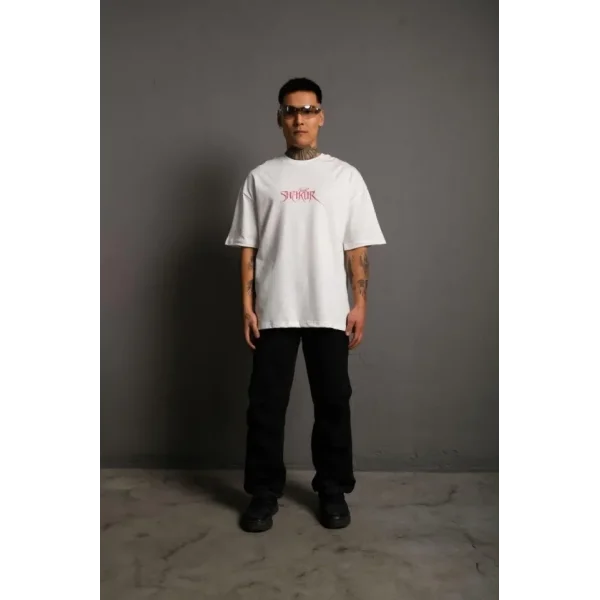 Erkek Sırt Baskılı Oversize T-Shirt - Beyaz