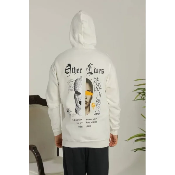 Erkek Kapşonlu Sweatshirt – Oversize Üç İplik Şardonlu Hoodie, “Other Lives” Ön & Arka Baskılı, Kanguru Cepli, Kışlık Rahat Günlük Stil - Beyaz
