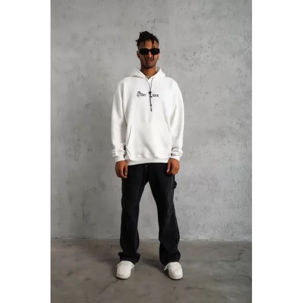 Erkek Kapşonlu Sweatshirt – Oversize Üç İplik Şardonlu Hoodie, “Other Lives” Ön & Arka Baskılı, Kanguru Cepli, Kışlık Rahat Günlük Stil - Beyaz
