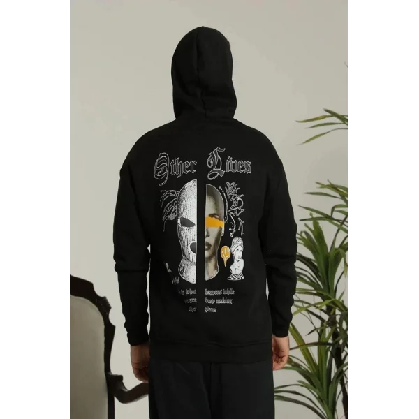 Erkek Kapşonlu Sweatshirt – Oversize Üç İplik Şardonlu Hoodie, “Other Lives” Ön & Arka Baskılı, Kanguru Cepli, Kışlık Rahat Günlük Stil - Siyah