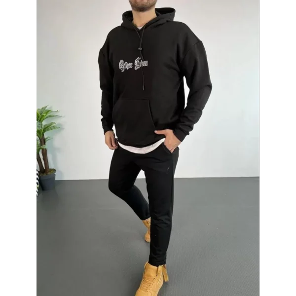 Erkek Kapşonlu Sweatshirt – Oversize Üç İplik Şardonlu Hoodie, “Other Lives” Ön & Arka Baskılı, Kanguru Cepli, Kışlık Rahat Günlük Stil - Siyah