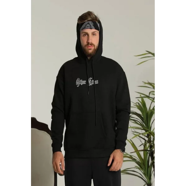 Erkek Kapşonlu Sweatshirt – Oversize Üç İplik Şardonlu Hoodie, “Other Lives” Ön & Arka Baskılı, Kanguru Cepli, Kışlık Rahat Günlük Stil - Siyah