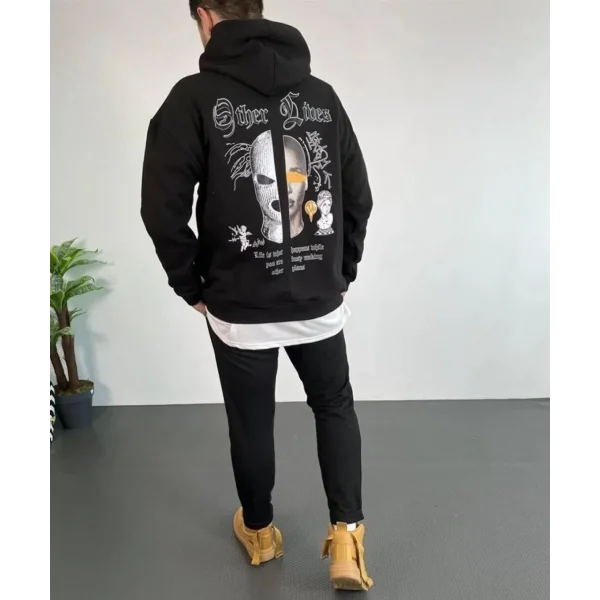Erkek Kapşonlu Sweatshirt – Oversize Üç İplik Şardonlu Hoodie, “Other Lives” Ön & Arka Baskılı, Kanguru Cepli, Kışlık Rahat Günlük Stil - Siyah